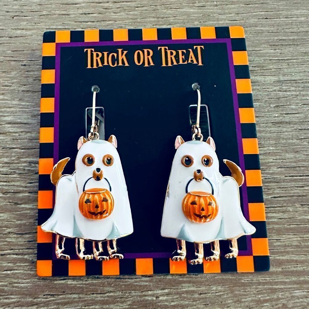 Halloween Ghost Dog Enamel Gold Earrings